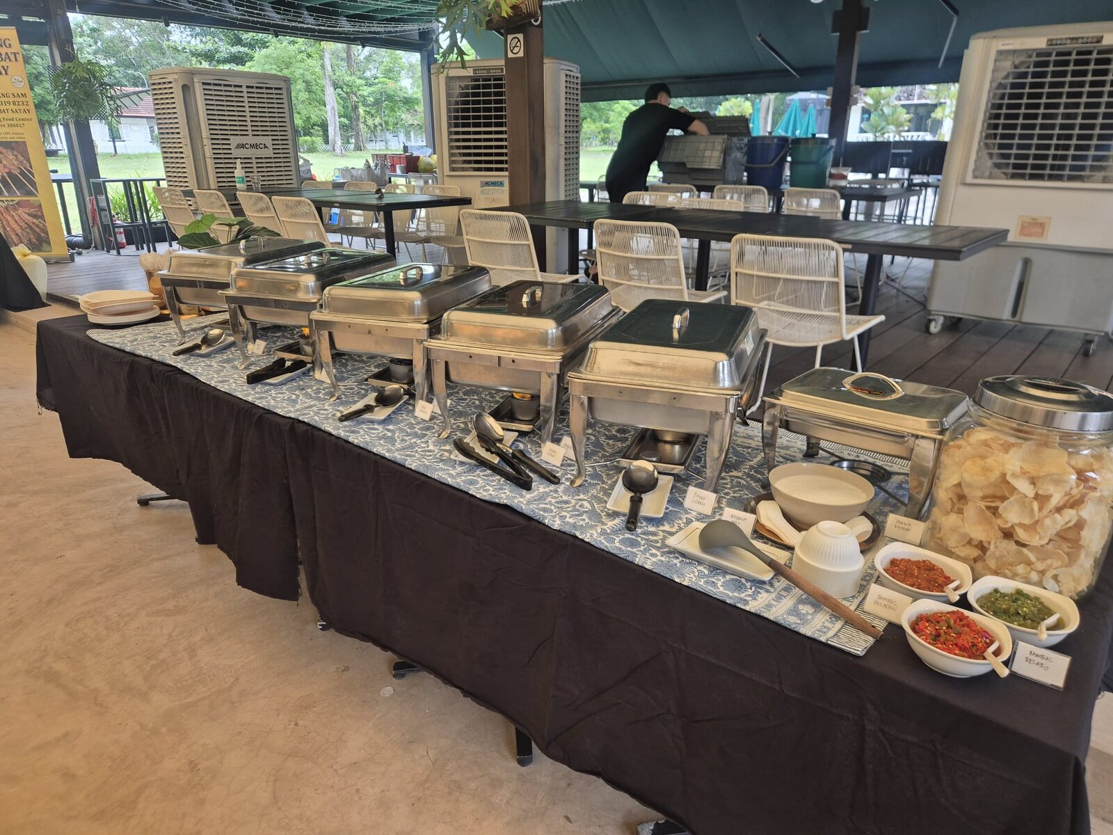 Sabar Menanti buffet line with keropok, sambal belacan and condiments